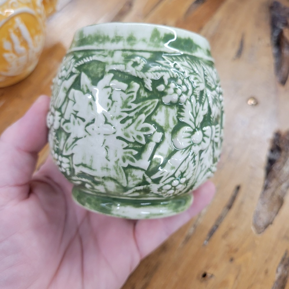 Set of 2 Vintage Mugs Green & Yellow Glazed Unique Relief Cups Signed 1970s - Picture 8 of 14